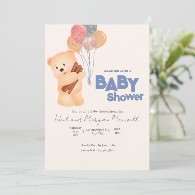 Invitación Rubor Pink Teddy Bear Baby Balloon Shower (Anverso de pie)