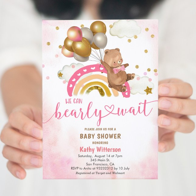 Invitación Rubor Pink Teddy Bear Podemos Esperar Bebé (Subido por el creador)