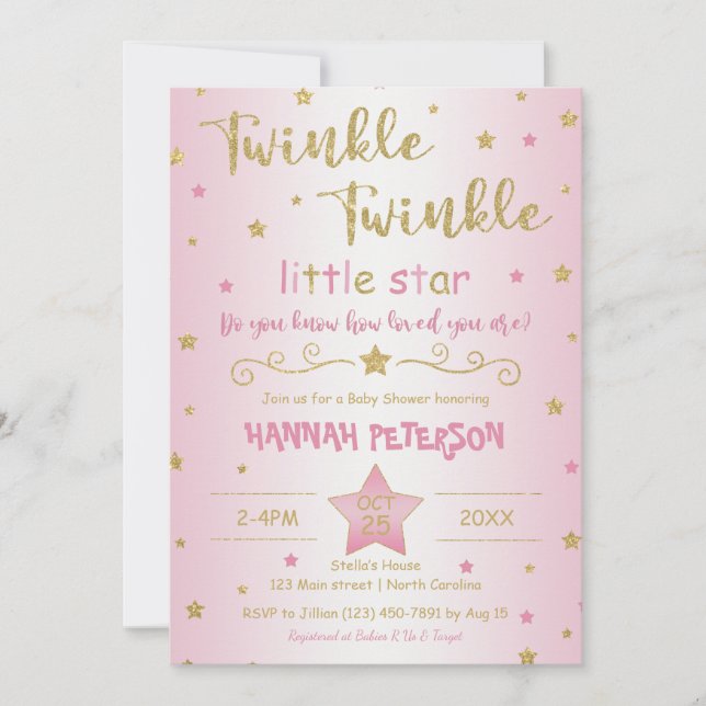 Invitación Rubor Pink Twinkle Twinkle Little Star Baby Shower (Anverso)