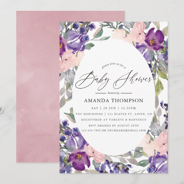Invitación Rubor Pink, Violet and Plum Floral Baby Shower (Anverso / Reverso)