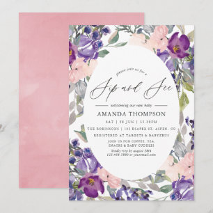 Invitación Rubor Pink, Violet and Plum Floral Sip y See