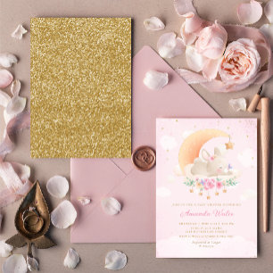 Invitación Rubor Pink Watercolor Cute Bunny Chica Baby Shower