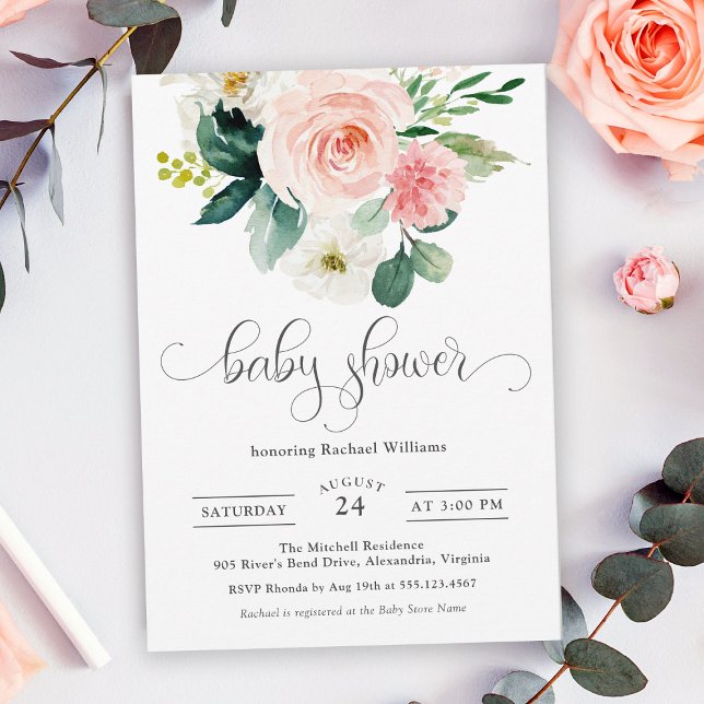 Invitación Rubor Pink Watercolor Floral Baby Shower (Subido por el creador)
