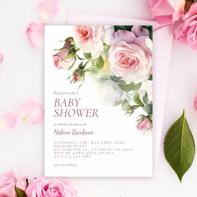 Invitación Rubor Pink Watercolor Floral Baby Shower (Blush Pink Watercolor Floral Baby Shower Invitation)