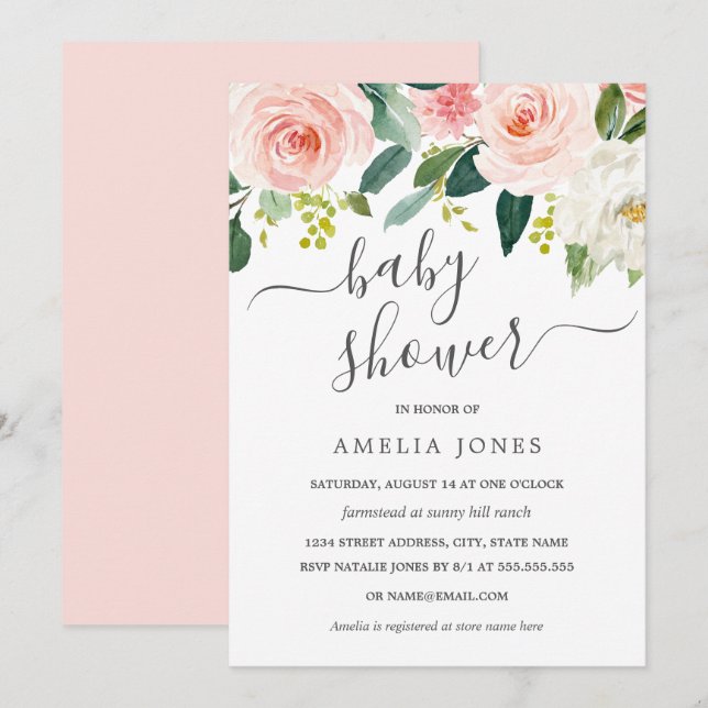 Invitación Rubor Pink Watercolor Floral Baby Shower (Anverso / Reverso)