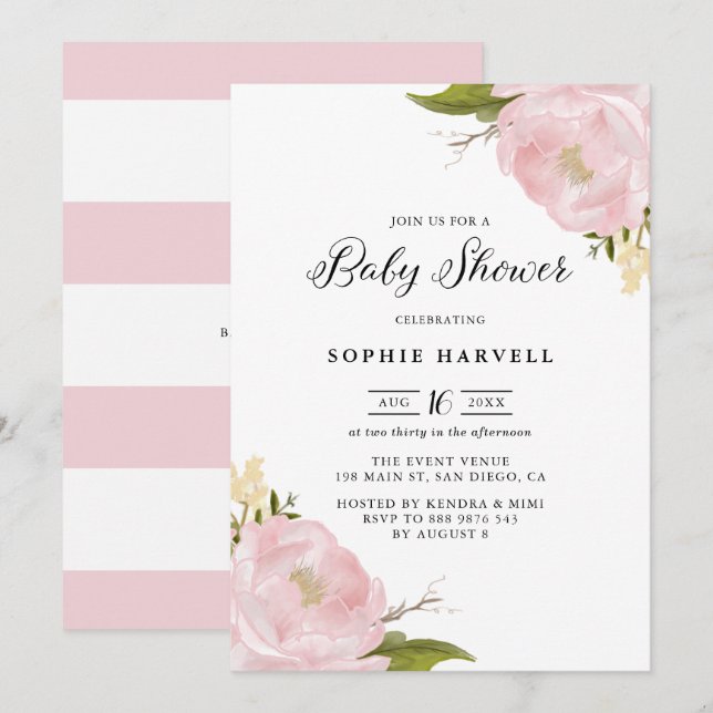 Invitación Rubor Pink Watercolor Peonies Bonito Baby Shower (Anverso / Reverso)