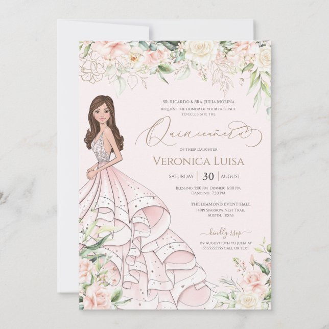Invitación Rubor Pink White Roses Luxury Quince Anos Cumpleañ (Anverso)