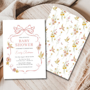 Invitación Rubor Pink Wildflower Birds Bow Chica Baby Shower