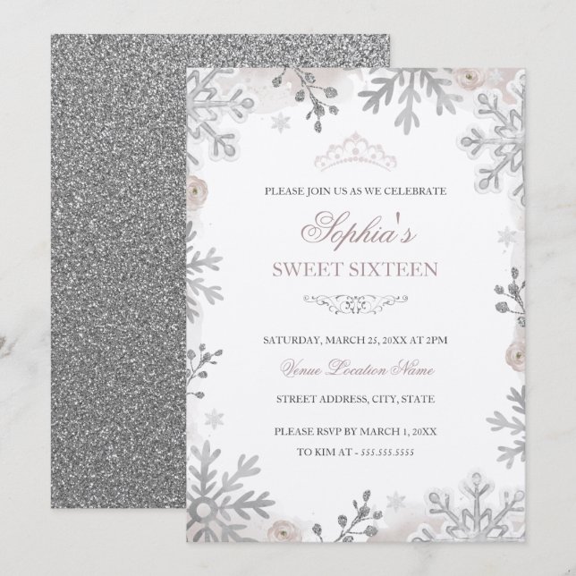 Invitación Rubor Plata Invierno Maravilla Cumpleaños Dulces 1 (Anverso / Reverso)