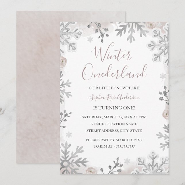 Invitación Rubor Plata Invierno Onederland 1er Cumpleaños  (Anverso / Reverso)