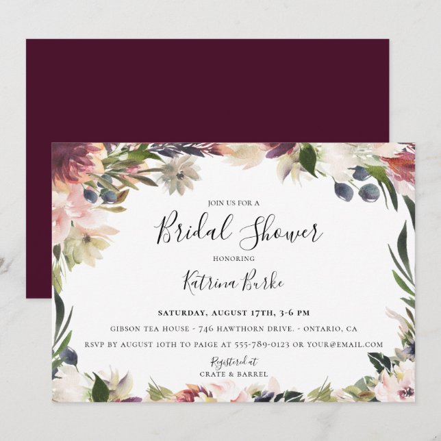 Invitación Rubor Plum Floral Frame Bridal Shower (Anverso / Reverso)