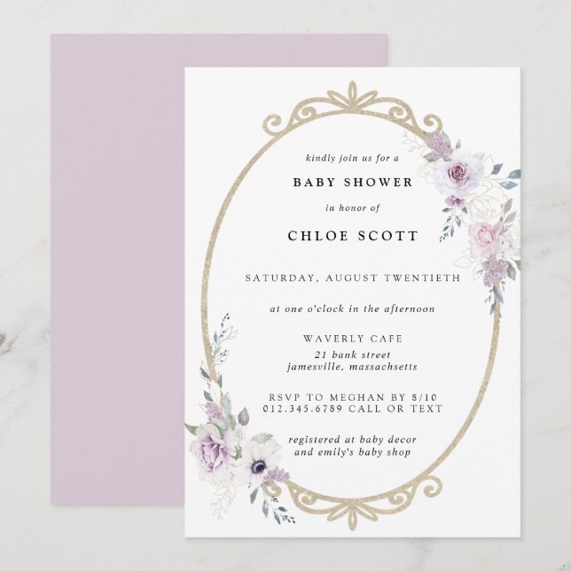 Invitación Rubor Purple Floral Gold Frame Baby Shower (Anverso / Reverso)