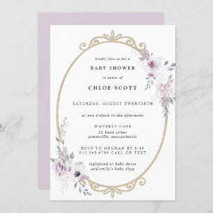 Invitación Rubor Purple Floral Gold Frame Baby Shower