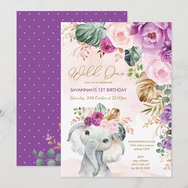 Invitación Rubor Purple Tropical Elefante Floral Primer cumpl (Anverso / Reverso)