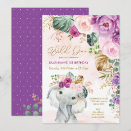 Invitación Rubor Purple Tropical Elefante Floral Primer cumpl