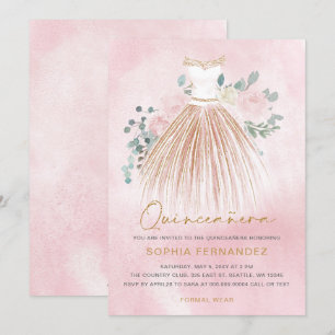 Invitación Rubor purpurina de oro rosa Vestido floral Quincea