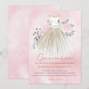 Invitación Rubor purpurina de oro rosa Vestido floral Quincea