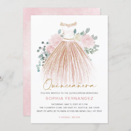 Invitación Rubor purpurina de oro rosa Vestido floral Quincea