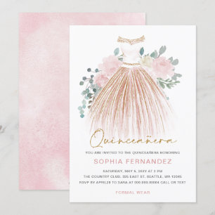Invitación Rubor purpurina de oro rosa Vestido floral Quincea