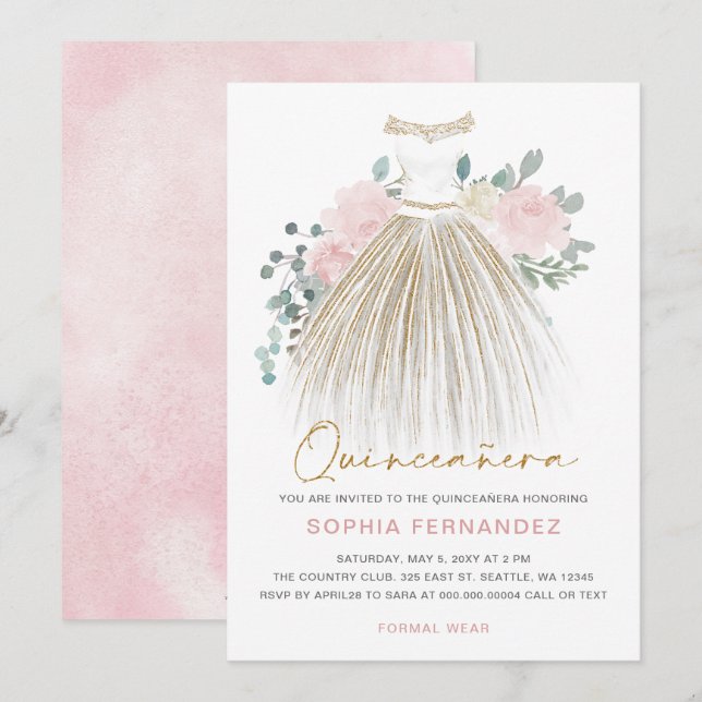 Invitación Rubor purpurina de oro rosa Vestido floral Quincea (Anverso / Reverso)