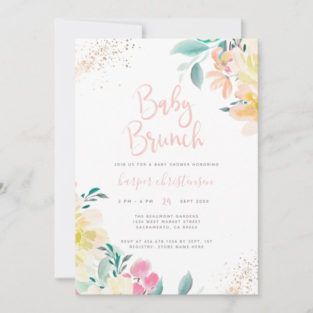 Invitación Rubor Purpurina dorado Floral rosa Baby Shower Bru (Anverso)