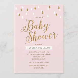Invitación Rubor Purpurina rosa y dorado llueve a Baby Shower
