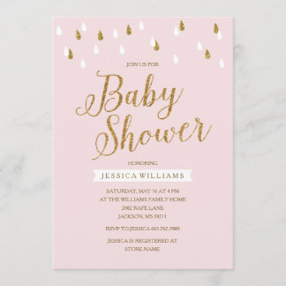 Invitación Rubor Purpurina rosa y dorado llueve a Baby Shower