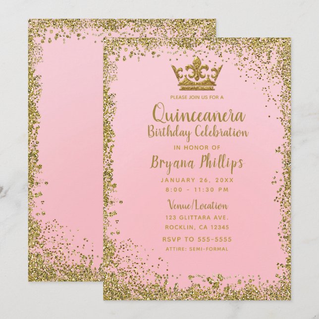 Invitación Rubor Purpurina Rosa y Oro Crown Quinceañera 15 (Anverso / Reverso)