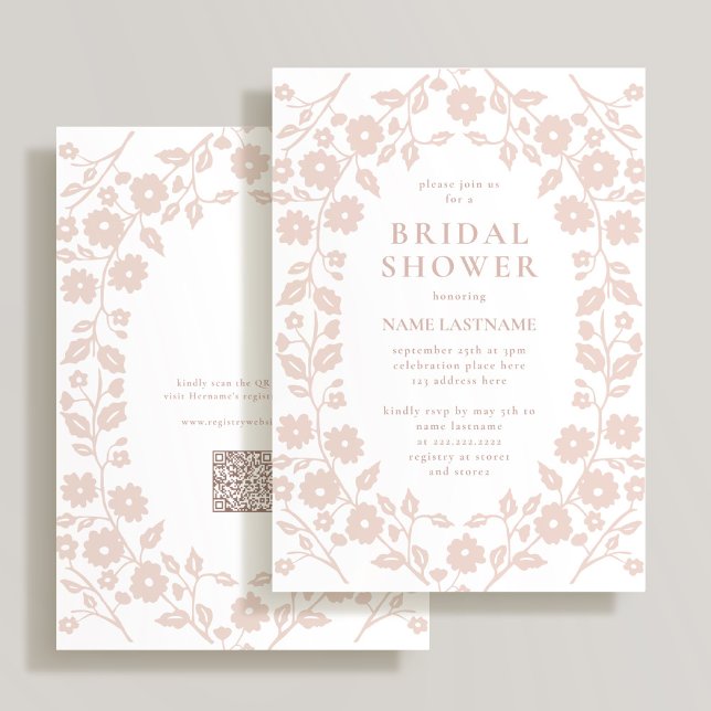 Invitación Rubor QR Code White Folk Floral Bridal Shower (Subido por el creador)