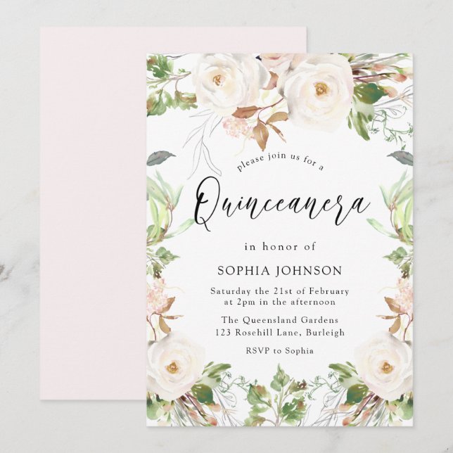 Invitación Rubor Quinceanera Magnífico blanco invernal (Anverso / Reverso)