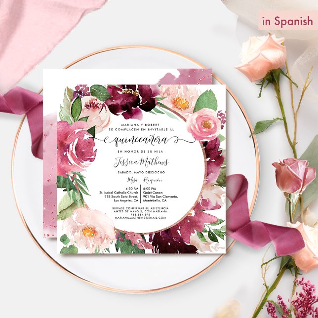 Invitación Rubor Quinceanera rosa burdeos elegante de España (Subido por el creador)