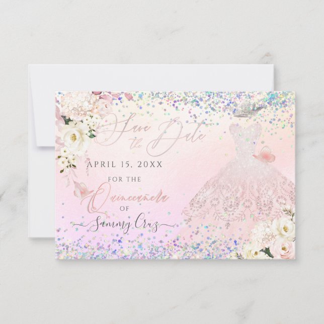 Invitación Rubor Quinceanera Save Date Holographic Confetti I (Anverso)