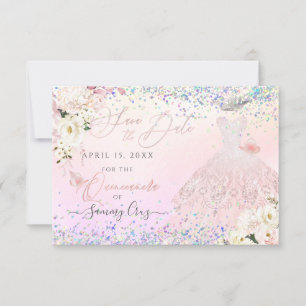 Invitación Rubor Quinceanera Save Date Holographic Confetti I