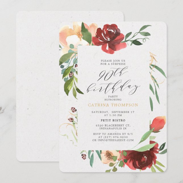 Invitación Rubor Red Floral 90ª fiesta de cumpleaños sorpresa (Anverso / Reverso)