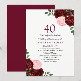 Invitación Rubor Rojo Borgoña Floral 40 Aniversario de Boda