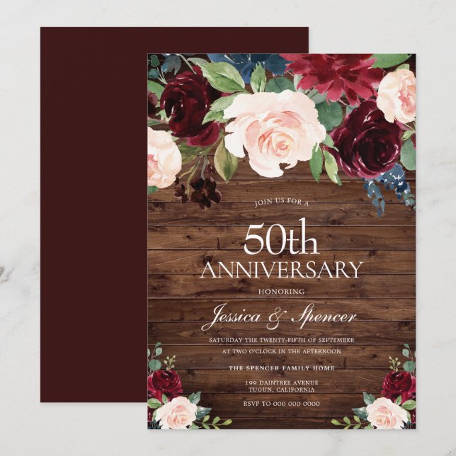 Invitación Rubor Rojo Borgoña Rústico 50 Aniversario de Boda (Anverso / Reverso)