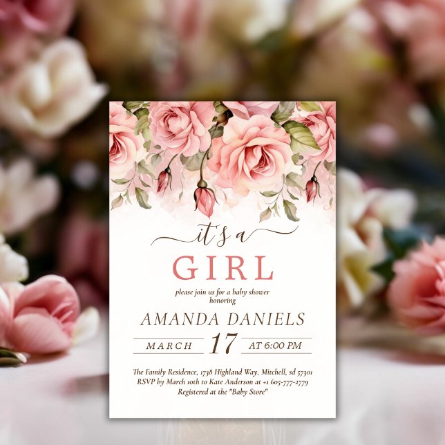 Invitación Rubor Rosa acuarela Baby Shower Es un Chica (Blush Rose Watercolor Baby Shower It's A Girl Invitation)