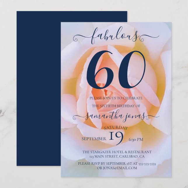 Invitación Rubor rosa blanco rosado fiesta de cumpleaños 60 (Anverso / Reverso)