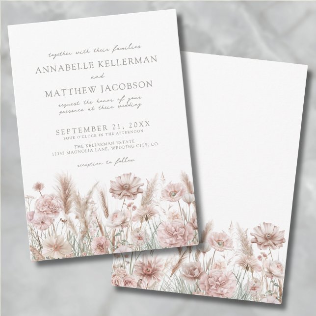 Invitación Rubor Rosa Botánico Boho Floral Boda (Blush Pink Botanical Pampas Floral Boho Wedding Invitation)