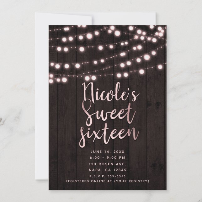 Invitación Rubor Rosa Café Rústico Madera y Luces Dulces 16 (Anverso)