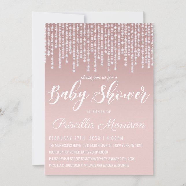 Invitación Rubor Rosa Colgando luces de diamante Baby Shower (Anverso)