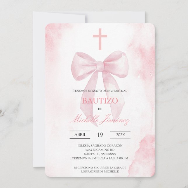 Invitación Rubor rosa con bautizo de cruz  (Anverso)