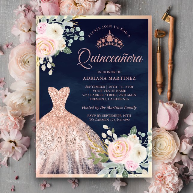 Invitación Rubor Rosa de la marina de bata floral rosa Quince (Subido por el creador)
