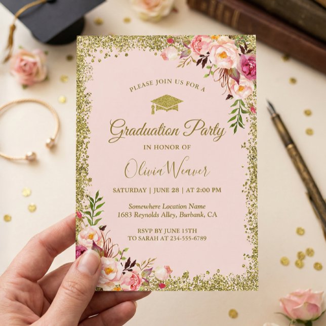 Invitación Rubor Rosa Dorado Brillos Floral Foto Graduación (Subido por el creador)