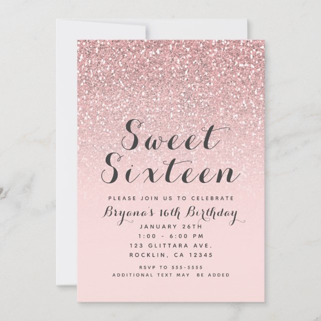 Invitación Rubor Rosa Dorado con Brillo Fiesta Dulce 16 (Anverso)