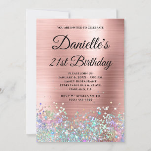 Invitación Rubor Rosa Dorado Holográfico Glitter Monograma El