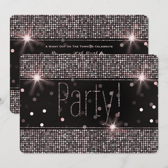 Invitación Rubor Rosa Dorado Plateado Brillo Destello Fiesta (Anverso / Reverso)