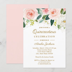 Invitación Rubor Rosa Dorado Quinceañera Floral Acuarela