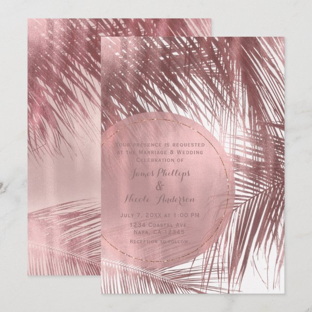 Invitación Rubor Rosa Dorado Rosado Palmeras Tropicales Boda (Anverso / Reverso)