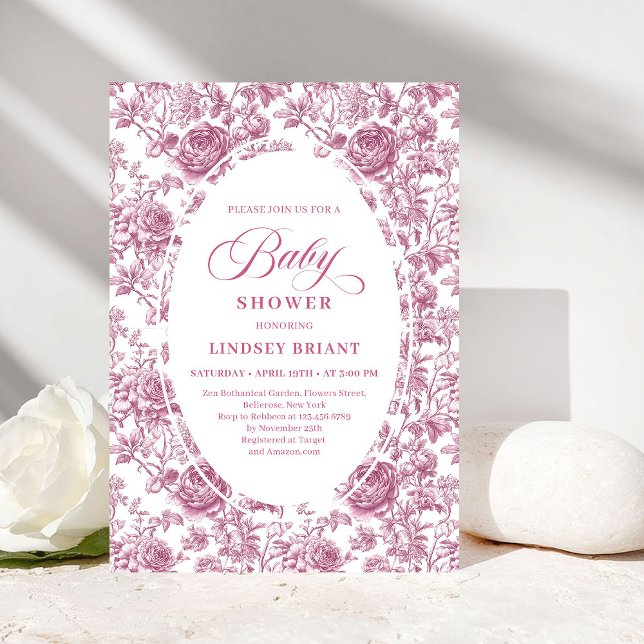 Invitación Rubor Rosa Dorado Toile Rosas Floral Baby Shower (Rose Gold Blush Toile Roses Floral Baby Shower Invite)